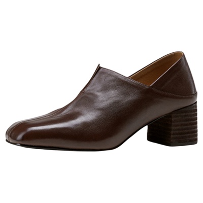 复古方头两穿深口单鞋黑色高跟鞋