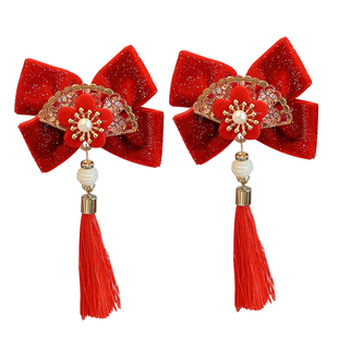 新年发饰女童过年发夹2025龙年头饰儿童古风流苏假发红色女孩夹子