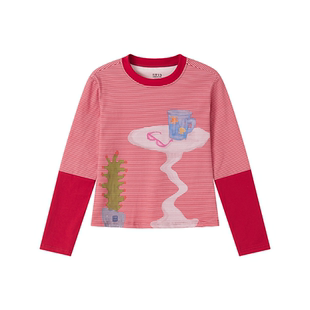 化学少女「古早屋」桌子盆栽条纹拼接长袖T恤女春季上衣打底衫