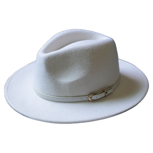 羊毛帽子女秋冬百搭时尚礼帽白色羊毛呢平沿礼帽英伦复古休闲礼帽