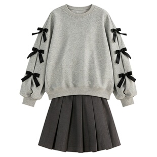 女童洋气套装裙学院风春秋中大童蝴蝶结炸街儿童卫衣百褶裙两件套