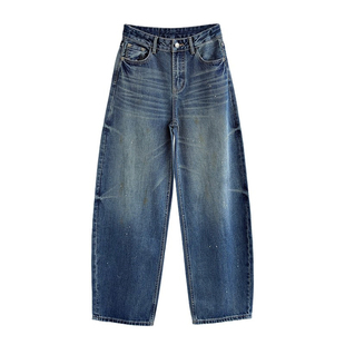 12平方87301蓝色个性漆点脏脏弯刀牛仔裤女2026显瘦遮胯阔腿裤潮