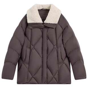 KBNE复古高级感仿羊羔毛拼接菱格羽绒服女2025冬季新款鸭绒面包服