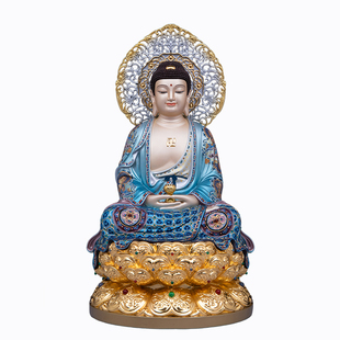 全铜观音地藏王菩萨释迦牟尼佛像娑婆三圣佛像蓝衣彩绘家用摆件