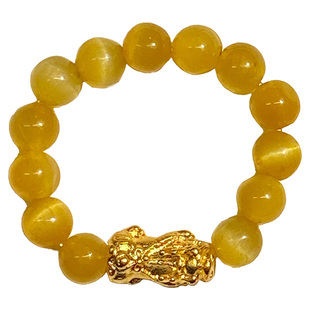 OkFineyard天然金虎眼石串珠戒指女貔貅招财旺财轻奢高级弹力指环