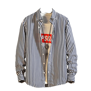 春秋季黑白条纹衬衫男长袖韩版潮流帅气衬衣男士秋装上衣休闲外套