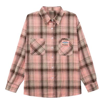 UNIFREE粉色格子衬衣女可爱潮牌美式复古学院风宽松时尚百搭衬衫