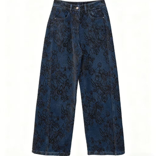 秋冬季加绒加厚深蓝新中式牛仔裤复古提花女装裤