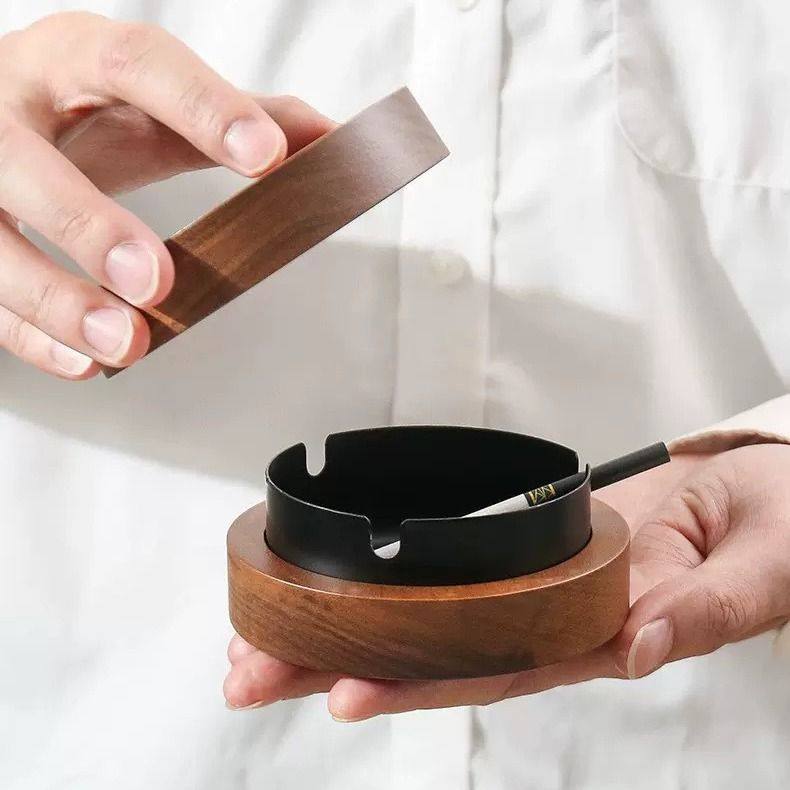 现货北美黑胡桃木创意烟灰缸家用有盖实防烟灰缸灰木质飞办公室