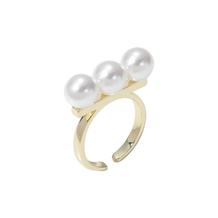 法式优雅平衡木珍珠戒指女精致简约三颗珠珠手指戒轻奢高级感指环
