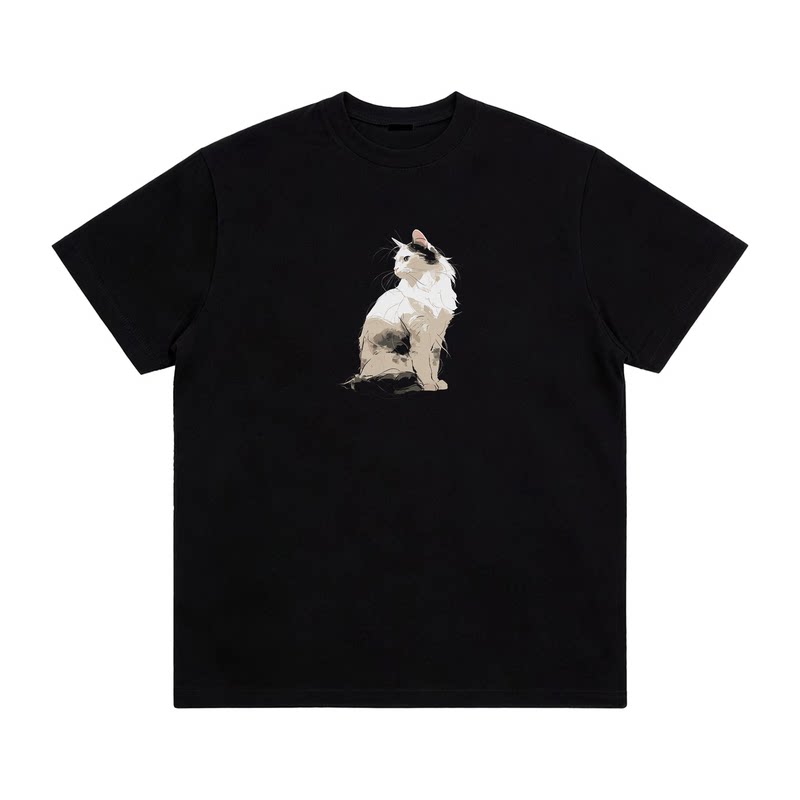 原创潮流设计水墨波斯猫猫咪黑色纯棉圆领T恤男女同款宠物居家