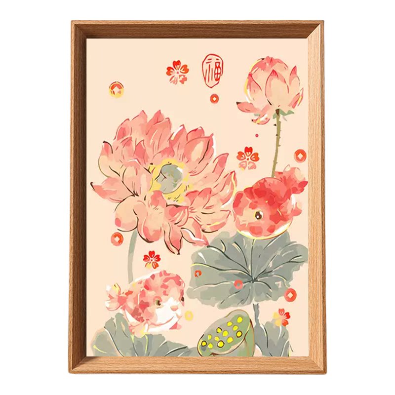 木质招财荷花锦鲤玄关挂画摆件