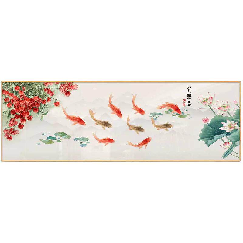 荷花九鱼图新中式客厅装饰画沙发现代装饰画
