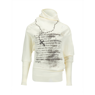 CestNous不对称歪斜链条涂鸦蝙蝠袖堆褶毛衣女秋冬宽松半高领毛衫