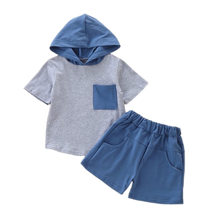 夏装BibiCola男童连帽拼色套装夏季休闲短袖T恤短裤两件套