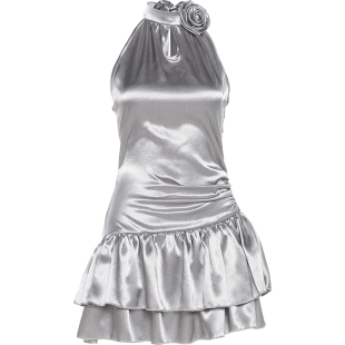 KLIOU 纯欲斩男系列亮面镂空花朵挂脖连衣裙女褶皱显瘦辣妹短裙夏