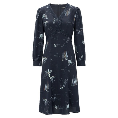 马天奴蓝色印花V领长袖连衣裙