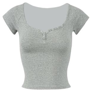 2025新款软糯云朵纽扣装饰V领亨利短袖T恤上衣夏短袖女t恤夏修身