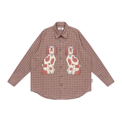 特惠6折起 EMPTY REFERENCE美式复古手绘斑点狗印花格子长袖衬衫