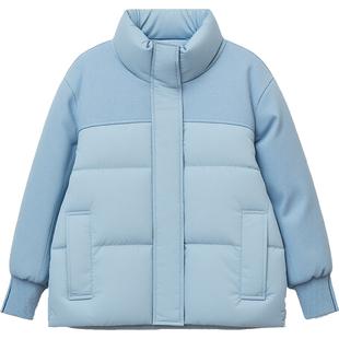 DM100大码百分百女装微胖mm冬季毛呢拼接防风立领短款轻薄羽绒服