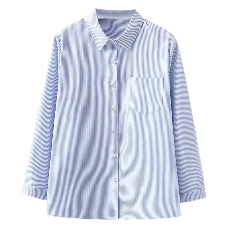 纯棉牛津纺蓝色条纹衬衫女胖mm大码春秋长袖宽松衬衣百搭休闲上衣