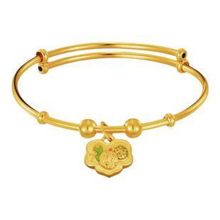 老庙黄金5D足金多肉多福如意珐琅推拉宝宝童手镯生石花熊童子礼物