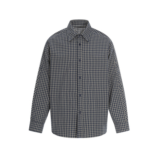 日系藏青色纯棉翻领长袖格子衬衫男生宽松少年感复古薄衬衣春季男