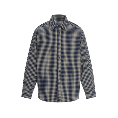 日系藏青色纯棉翻领长袖格子衬衫男生宽松少年感复古薄衬衣春季男