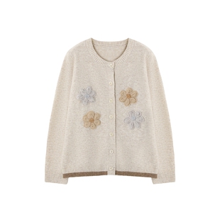 时然大码微胖MM25年冬新款慵懒风含羊毛圆领毛衣花朵图案针织开衫