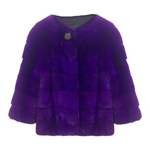 茉萱进口小母貂短款圆领貂皮大衣女整貂紫色优雅横排设计水貂外套