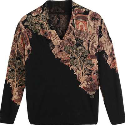 品牌女装秋冬季大码印花100羊毛毛衣中国风减龄妈妈V领针织打底衫