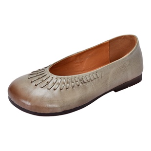 四起哥2026春秋头层牛皮复古风圆头平底单鞋女手工编织软底百搭潮