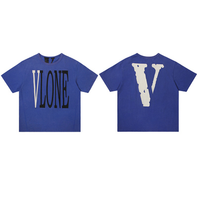 VLONE蓝色水洗做旧刺绣经典大Logo背后V做旧水洗重磅纯棉男士T恤
