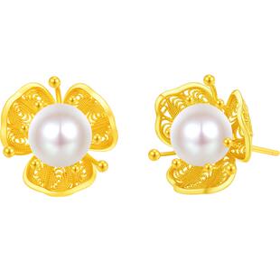 梦金园S925银花形耳钉女镶嵌天然珍珠小花耳环银饰送女友生日礼物