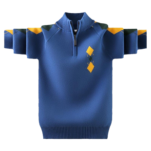 男童毛衣拉链半高立领儿童秋冬款加绒加厚中大童男孩纯棉针织衫潮