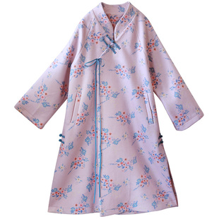 现货【月夕花晨】新中式国风斜襟盘扣中长款加厚印花毛呢外套女冬