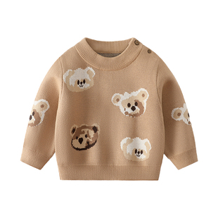 宝宝毛衣男童加厚秋冬款男小童a类纯棉套头小熊双层内搭针织衫