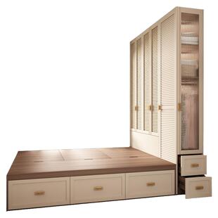 奶油风榻榻米床衣柜一体家用儿童房小户型多功能储物床大衣橱定制