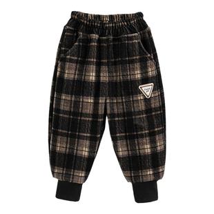 女童加绒裤子秋冬款男童休闲加厚毛呢裤儿童冬季一体绒薄绒格子裤