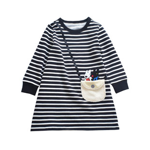 外贸童装女童长款连衣裙秋冬款纯棉裙子加绒保暖中大童条纹A字裙