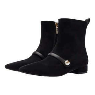 Nine West/玖熙真皮珍珠短靴女2025秋冬新款粗跟尖头瘦瘦靴弹力靴