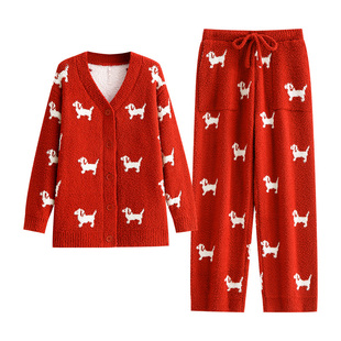 悦内半边绒睡衣女款冬季冬装加厚加绒珊瑚绒毛绒家居服红色本命年