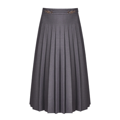 LIME莱茵高腰灰色显瘦百褶裙秋冬新款时尚商务通勤过膝半身裙