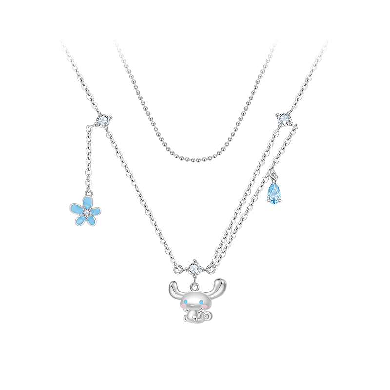 潮色绘玉桂狗花朵叠戴纯银项链女