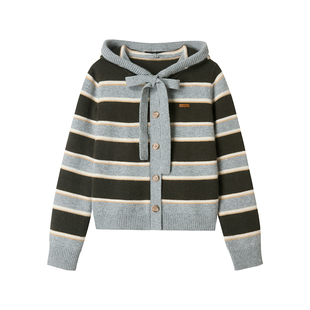 【芊芊心结】Uena美式复古灰棕撞色条纹绑带连帽宽松羊毛针织开衫