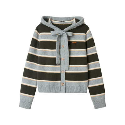 Uena灰棕条纹连帽羊毛针织开衫