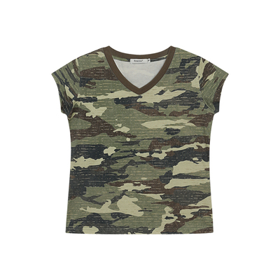 FUNKYFUN 先锋设计小众迷彩V领短袖肌理感面料正肩显瘦短款t恤
