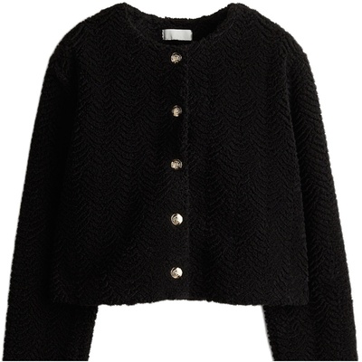 HM女装短外套秋季时尚休闲圆领长袖泰迪绒开衫1239208