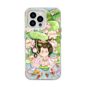唐贵肥原创适用iPhone苹果16e手机壳羽纱硬壳12花神6月莲花镜头全包防摔新中式荷花华为新款pura70梦幻古风女
