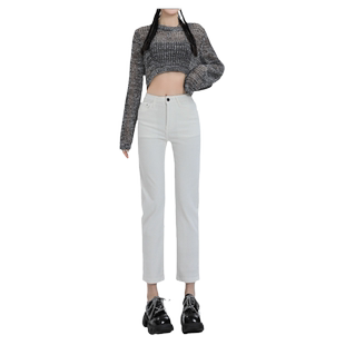 白色法棍烟管牛仔裤女秋冬2025流行裤子八分高腰修身小个子直筒裤